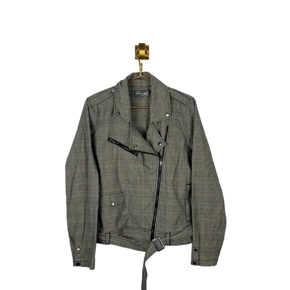 Michael Stars Houndstooth Moto Style Jacket Plaid Gray Cotton Blazer Sz M - Picture 2 of 8